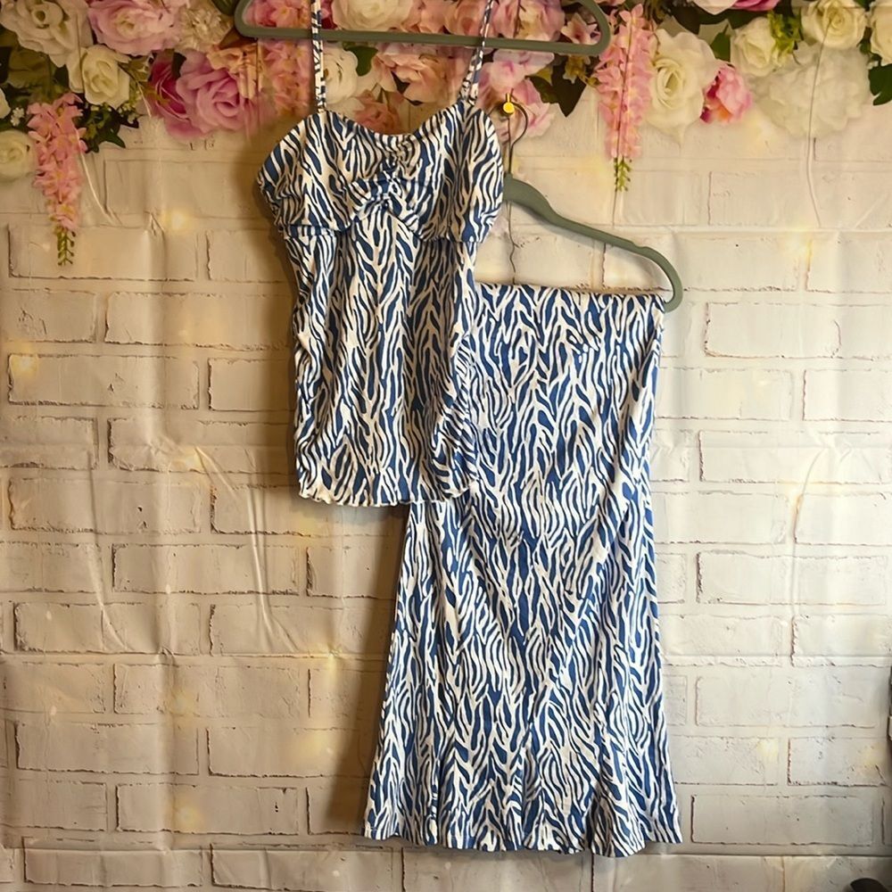 Women’s NWT DIANE VON FURSTENBERG BLUE ZEBRA PRINT CAMI TOP S, AND SKIRT XS SET